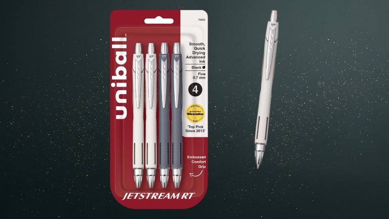 uniball JETSTREAM Ballpoint Pen against a green speckled practical gift guide background