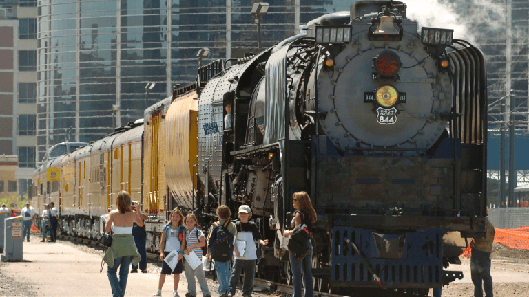 Railroad buffs visited Union Pacific Railroad's historic steam locomotive, No. 844, after its arrival at Denver's Union Station in April 2006.